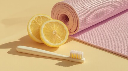Wellness and self-care concept with yoga mat, lemon slices, and toothbrush on pastel background,National Brush Day