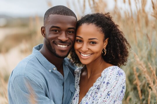 Happy black couple embracing and smiling on beach - Powered by Adobe