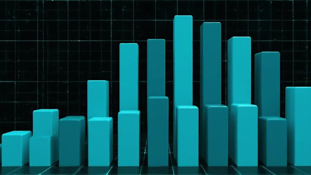 Abstract teal bar chart showing growth and decline with a digital grid background.