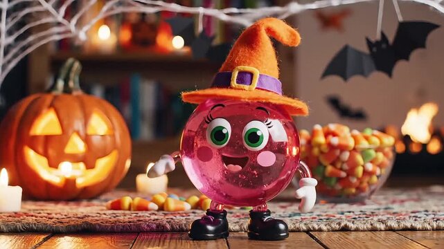 Halloween candy character wearing a witch hat surrounded by a pumpkin candy corn and bat decorations for a festive holiday scene