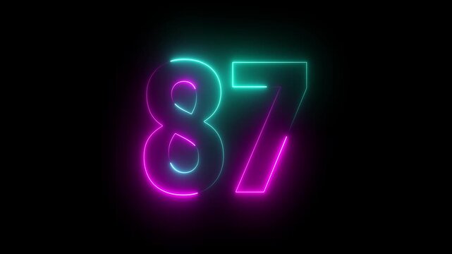 Glowing neon number 87 text on a black background, Futuristic Digital Design, Education and Advertising, Counting concept alpha channel...