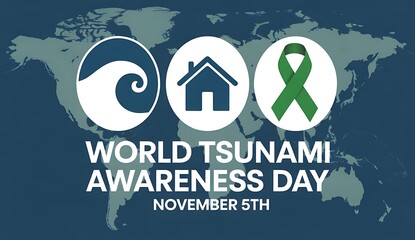 World tsunami awareness day november 5th with icons for waves homes and awareness ribbons on a map