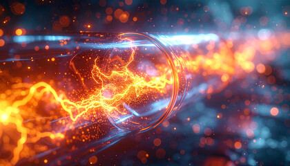 Obraz premium Energy Burst: An abstract representation of vibrant energy and technological prowess is depicted, with streaks of light, crackling lightning, and a powerful sense of movement and speed.