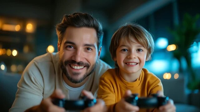Happy young father and son playing video games while spending time at home, under gentle ambient light, showcasing joyful expressions and modern setup, serene home scene, calm game