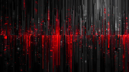 Abstract black and red lines background, representing data and network information. The lines create an optical illusion of a cityscape