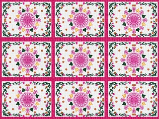 Colorful mandala floral design with butterflies and vines on a textured white background, ideal for fabric, home decor, and digital artwork.