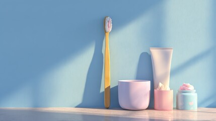 Morning routine essentials with toothbrush and toiletries on blue background,National Brush Day