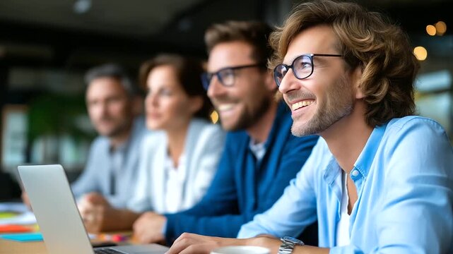 Smiling group of business people discussing strategy during team meeting at the office desk together, under soft office light, showcasing positive collaboration and professional fo