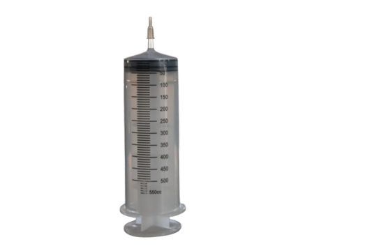 Medical syringe standing with scale markings, representing scientific research and dosage on transparent background