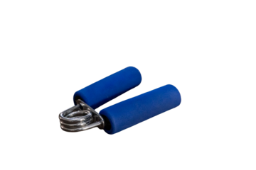Blue hand grip strengthener providing resistance for finger and forearm exercise on transparent background