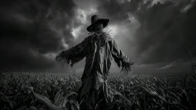 Scarecrow with ragged hat and clothing standing in the middle of a cornfield under dramatic thunderclouds and lightning, evoking a horror or Halloween atmosphere.