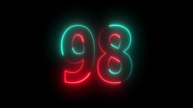 Glowing neon number 98 text on a black background, Futuristic Digital Design, Education and Advertising, Counting concept alpha channel...