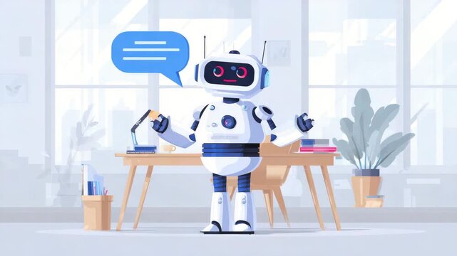 cute chat assistant robot works in office animation