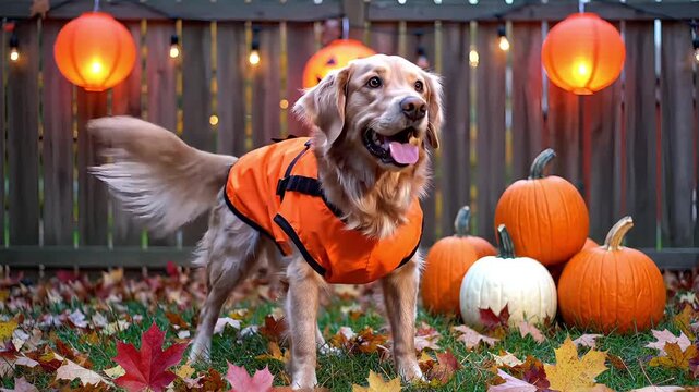 Golden retriever wearing an orange vest in a festive autumn scene surrounded by pumpkins and fall leaves celebrating Halloween