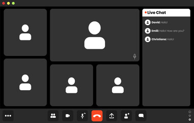 Participants join a virtual meeting while chatting online. Video call mockup.