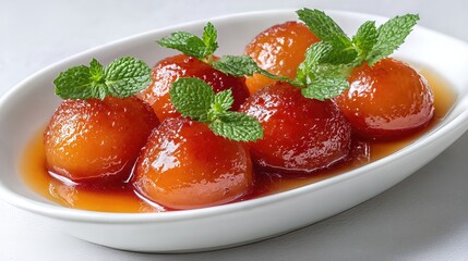 Sweet and Glossy Dessert Served on a White Dish With Mint Leaves and Syrupy Glaze