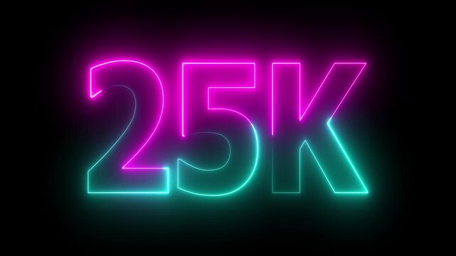 Glowing red neon 25k text against concept. futuristic milestone neon number design for subscribers celebration, on background animation..