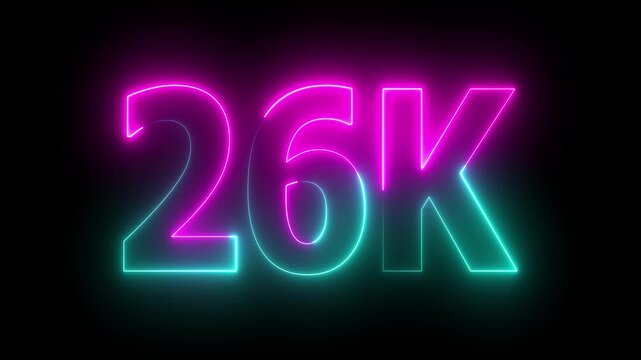 Glowing red neon 26k text against concept. futuristic milestone neon number design for subscribers celebration, on background animation..