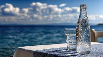 Refreshing Sparkling Water on a Seaside Table With Beautiful Ocean View