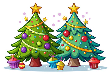 Naklejka premium Beautiful decorated Christmas tree with ornaments, garland, and star topper on white background, symbol of holiday joy