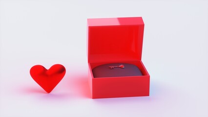 Red heart and small key in open box on surface