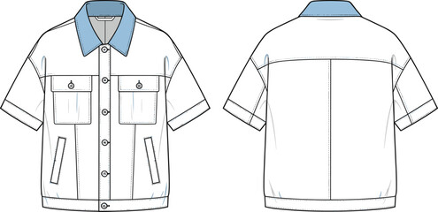 Short sleeve denim jacket technical flat, vector fashion illustration, front and back view, casual outerwear design, apparel template, stylish sketch