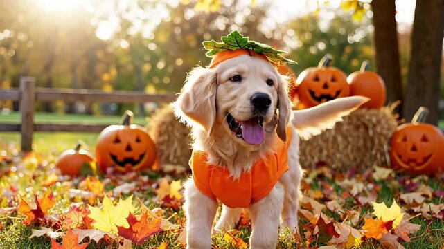 Adorable golden retriever puppy dressed in a pumpkin costume surrounded by jack-o-lanterns and autumn leaves celebrating Halloween outdoors