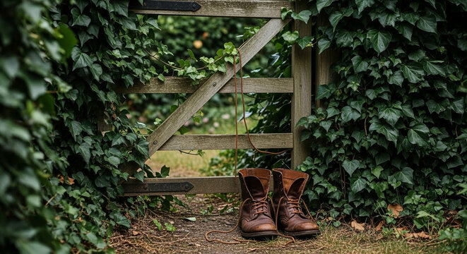 Pair of vintage brown leather boots on a woodland path, framed by an old wooden gate covered in lush green ivy, evoking nature and exploration.