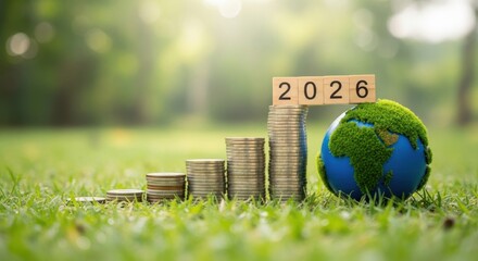 Green future growth coins and globe symbolizing sustainable investment and environmental finance in 2026