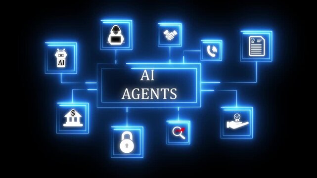 Artificial intelligence agents network connecting diverse icons representing technology business. AI and digital networks power automation, security, and finance through intelligent agents.
