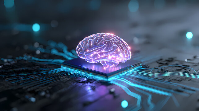 A glowing brain rests atop a computer chip, symbolizing artificial intelligence and technological advancement. The image evokes futuristic concepts.