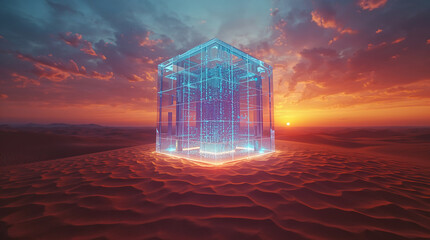 Núcleo de datos cristalino emergiendo del desierto