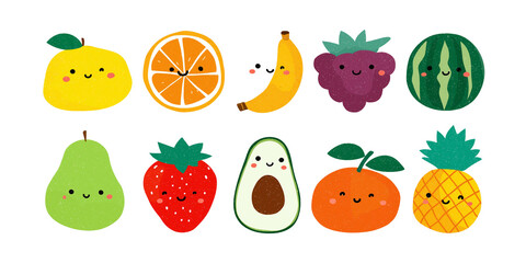 Cute kawaii style clipart of various fruits with smiling faces on transparency background including lemon orange banana grape watermelon pear strawberry avocado orange and pineapple
