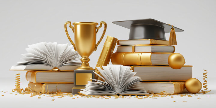 Golden trophy and graduation cap sit atop stack of books, symbolizing academic achievement and celebration. Open books and golden decorations add to festive atmosphere - Powered by Adobe