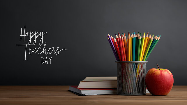 Colorful pencils in cup with books and apple on wooden desk, celebrating Happy Teachers Day. background is dark chalkboard, creating warm and educational atmosphere