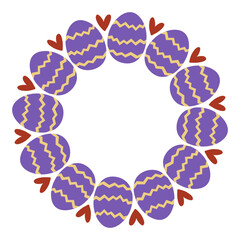 Colorful decorative circle with purple Easter eggs and red hearts for festive celebrations