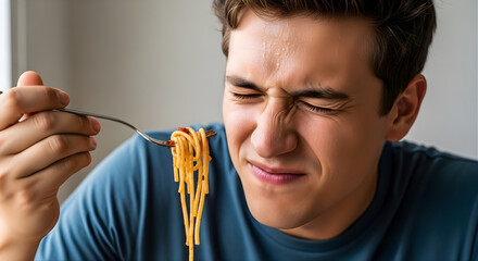 A young man grimaces intensely, eyes shut, showing strong disgust to the overwhelming heat of unexpectedly spicy food during his meal, finding the flavor unpleasantly potent