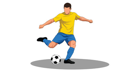 Athletic male soccer player in yellow shirt and blue shorts kicking a football.