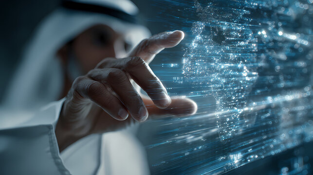 An arabian man examining a digital interface with a gesture of touching the future world