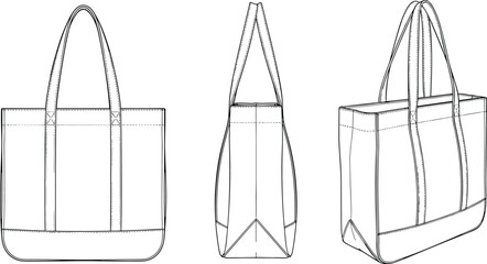 Tote bag technical sketch, front side, side and 3D view, CAD drawing flat vector illustration for fashion design and sewing pattern