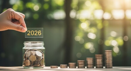 Hand dropping coin into glass jar with 2020 number overlay new year savings concept