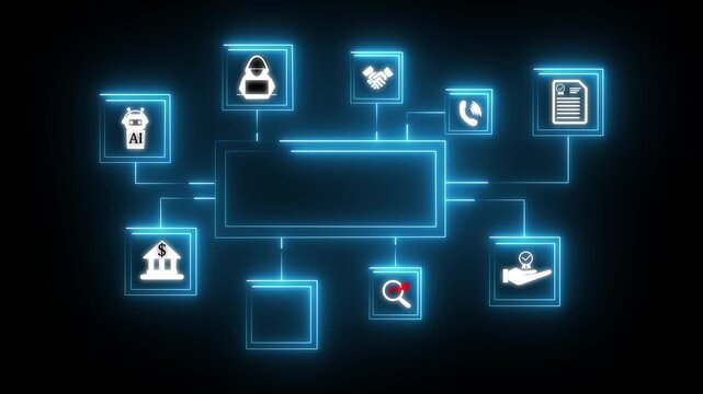 payroll system flowchart with icons for ai bank security and certificate and 4k video animation.