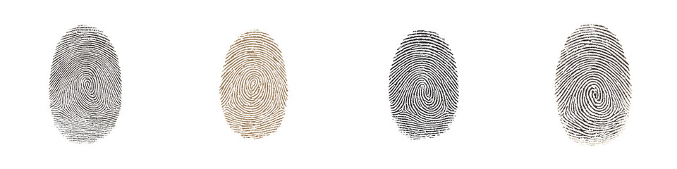 Four Unique Fingerprints Isolated on White - Identity and Security Concept