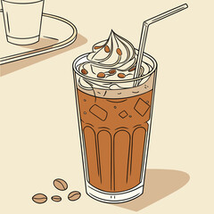 Iced Coffee Delight: A refreshing iced coffee, topped with whipped cream and coffee beans, sits invitingly, promising a cool and delicious escape from the heat.