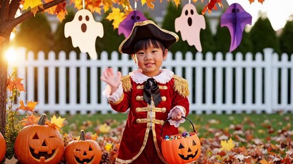 Young child dressed in a pirate costume holding a pumpkin candy bucket celebrating Halloween outdoors with ghosts and pumpkins - Powered by Adobe