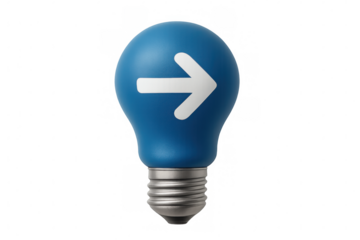 Blue light bulb with forward arrow, conceptualizing idea, innovation, progress, solution, and new direction