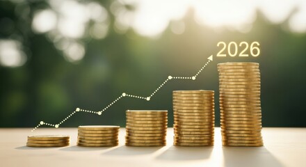 Golden coins stacked growing upwards with 2026 year indicator and upward trend line chart