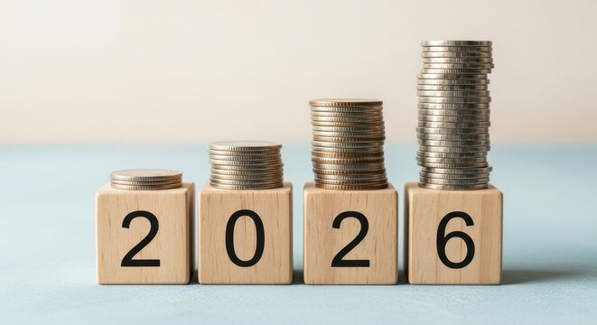 Financial growth in 2026 represented by stacks of coins on wooden blocks