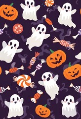 Fototapeta premium Cute Halloween Pattern with Ghosts, Pumpkins, and Candies