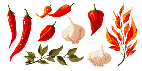 Spicy themed illustration featuring red chili peppers, garlic bulbs, and fiery leaves, evoking sense of heat and flavor
